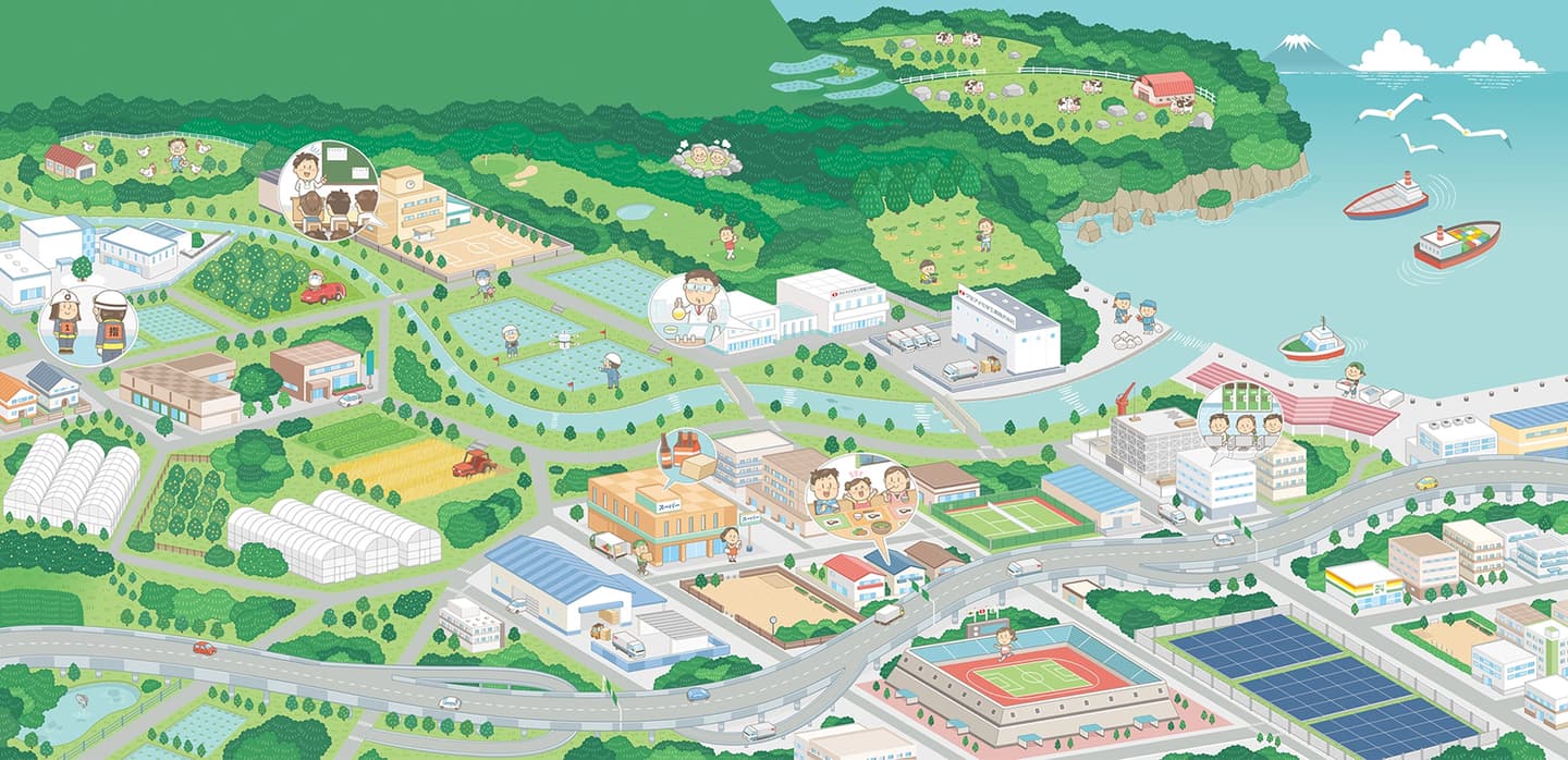 製品紹介_アイソメトリックな街の俯瞰イラスト_街・町・都市・施設・建物・街並みイラスト_イラストレーターいわたまさよし