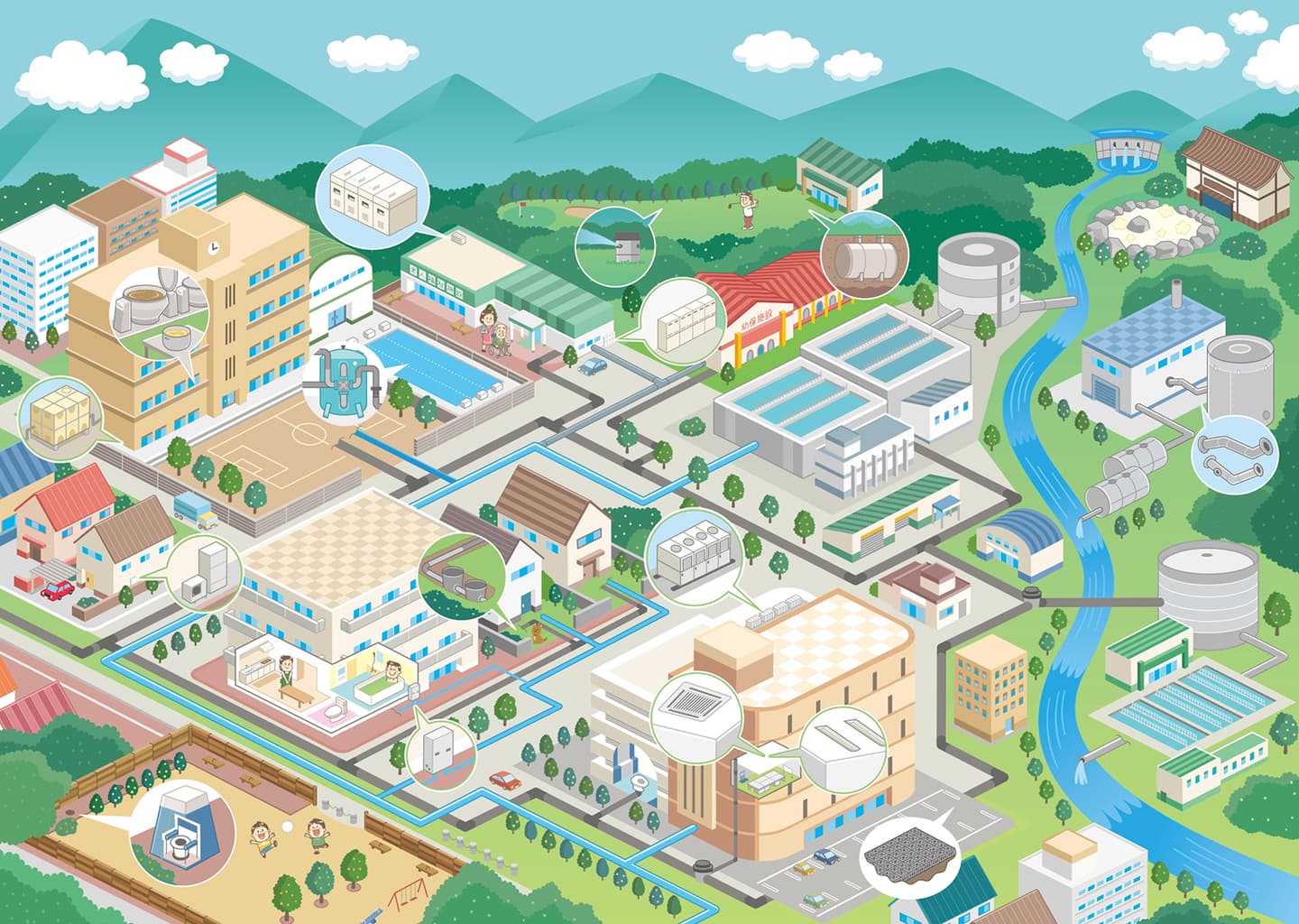 製品紹介_アイソメトリックな街の俯瞰イラスト_街・町・都市・施設・建物・街並みイラスト_イラストレーターいわたまさよし