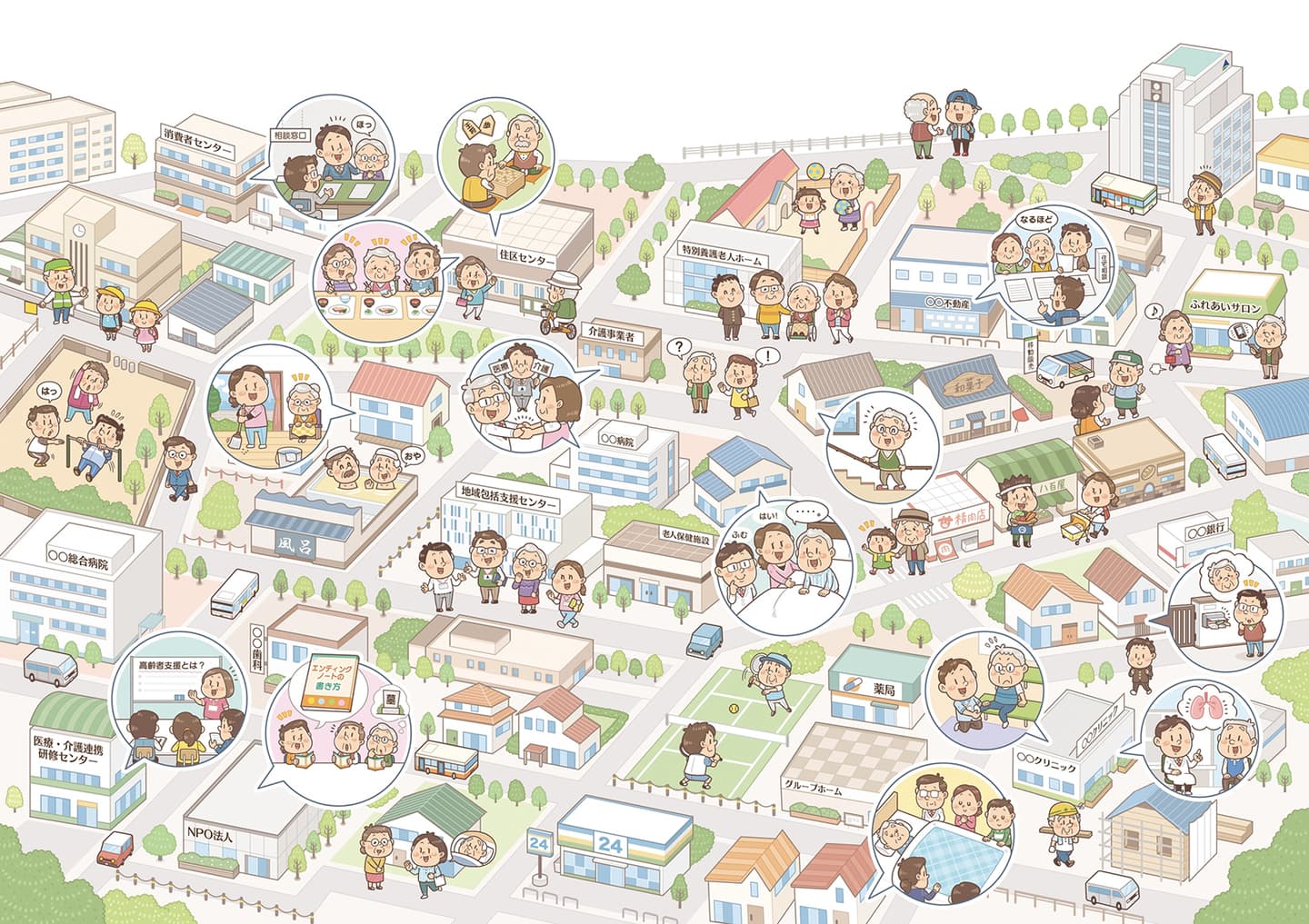 地域包括ケアビジョン_アイソメトリックな街イラスト_街・町・都市・施設・建物・街並みイラスト_イラストレーターいわたまさよし