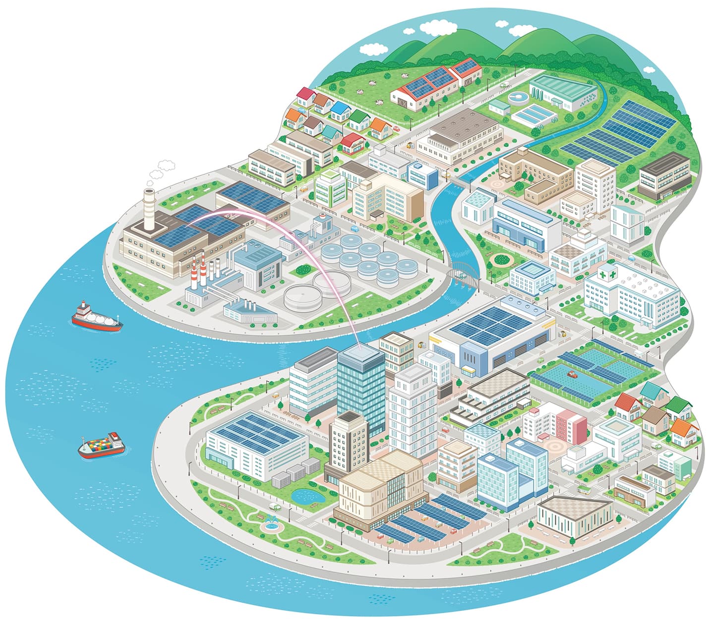 株式会社FD〈展示会用パネル〉_アイソメトリック_街の俯瞰イラスト_街・町・都市・施設・建物・街並みイラスト_イラストレーターいわたまさよし