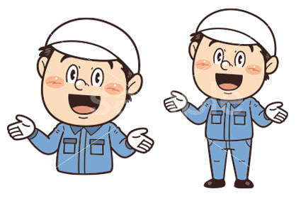 工場や現場で働く男性作業員が笑顔で両手を広げているイラスト｜不安全行動・不安全状態・労働災害