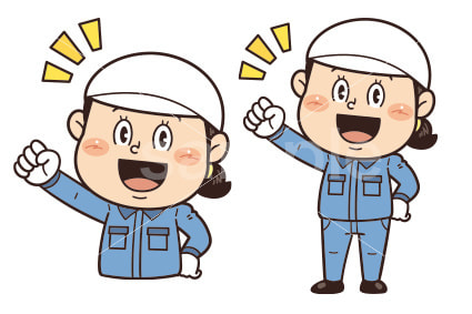 工場や現場で働く作業員が拳を握ってやる気を出しているイラスト｜不安全行動・不安全状態・労働災害・安全確認