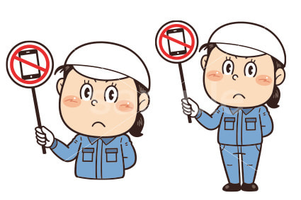 【スマホ使用禁止】工場で働く女性作業員が禁止標識を持つイラスト｜不安全行動・不安全状態・労働災害