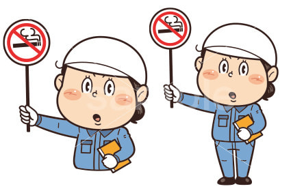 【禁煙】工場や現場で働く女性作業員が禁止標識を持つイラスト｜不安全行動・不安全状態・労働災害