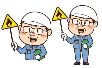 【可燃性物質】工場や現場で働く男性作業員が警告標識を持つイラスト｜不安全行動・不安全状態・労働災害