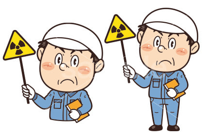 【放射線注意】工場や現場で働く男性作業員が警告標識を持つイラスト｜不安全行動・不安全状態・労働災害