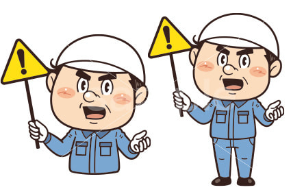 【注意】工場や現場で働く男性作業員が警告標識を持つイラスト｜不安全行動・不安全状態・労働災害