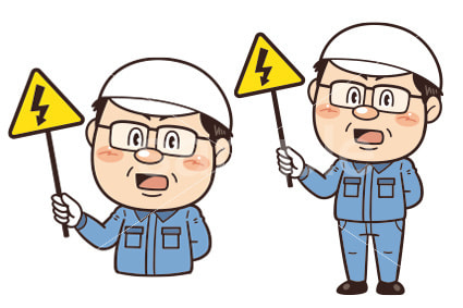 【感電注意】工場や現場で働く男性作業員が警告標識を持つイラスト｜不安全行動・不安全状態・労働災害