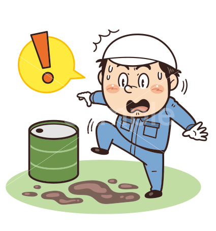 ドラム缶の液漏れを踏んでしまいそうな工場・現場の作業員イラスト｜不安全行動・不安全状態・労働災害