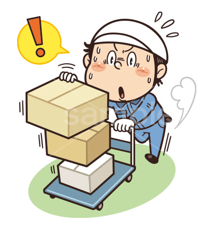 過度に荷物を積載して台車を押す工場作業員イラスト｜不安全行動・不安全状態・リスク・労働災害