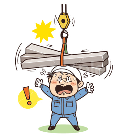 不安定な吊り荷の下で危険なクレーン作業中の工場・現場の作業員イラスト｜不安全行動・不安全状態・労働災害