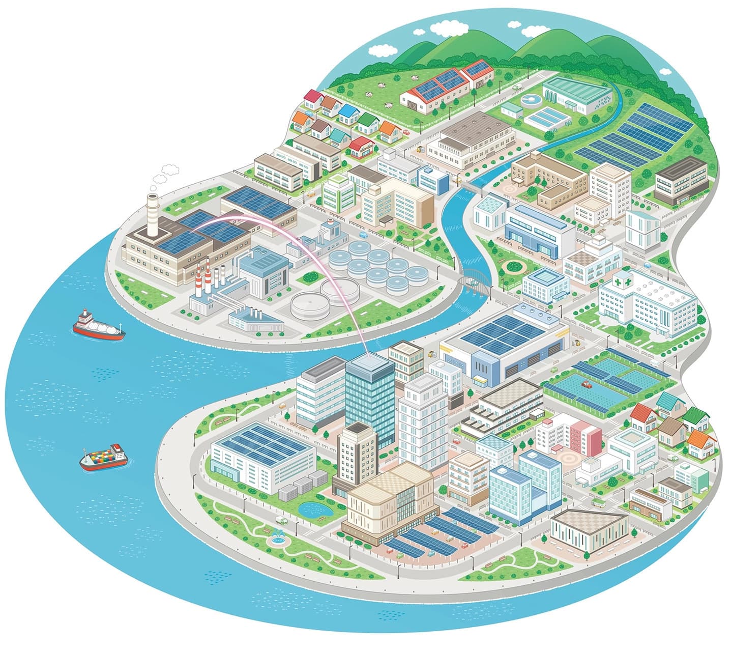 太陽光発電の導入をサポートする企業のイベント用展示パネル｜街並みを俯瞰で描いたアイソメトリックイラスト（鳥瞰図）