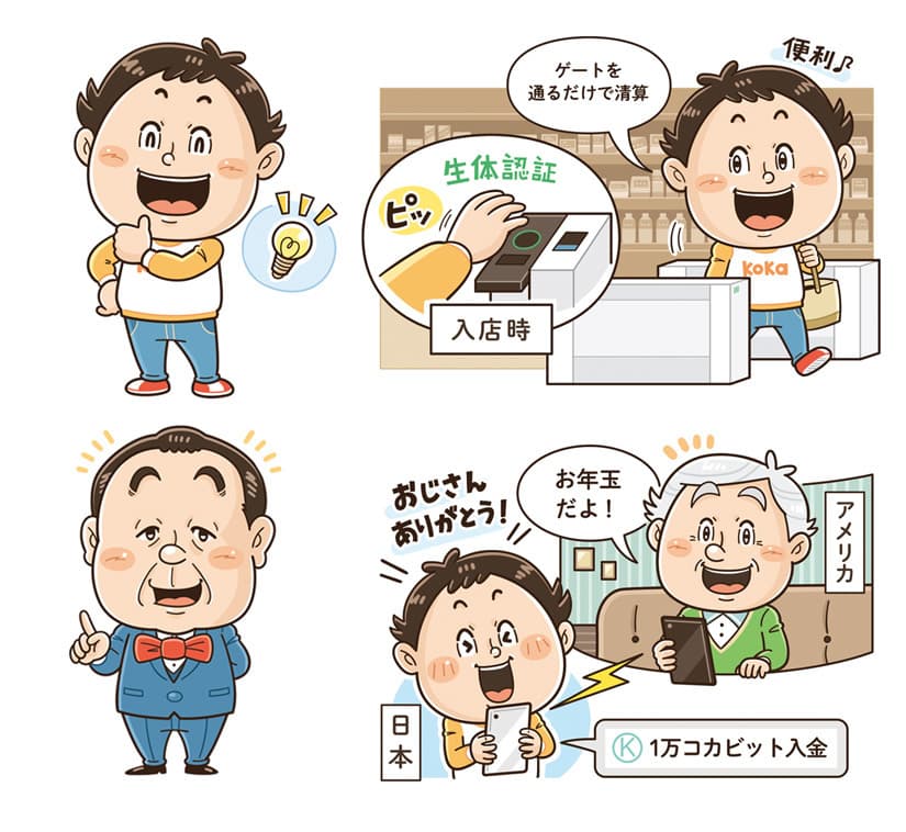 子ども向けコミカルイラスト｜児童書・学習教材｜ 新紙幣や硬貨について、渋沢栄一のデフォルメキャラがわかりやすく解説してくれます。小学生向け児童書なので、コミカルでたのしい雰囲気にしました。 