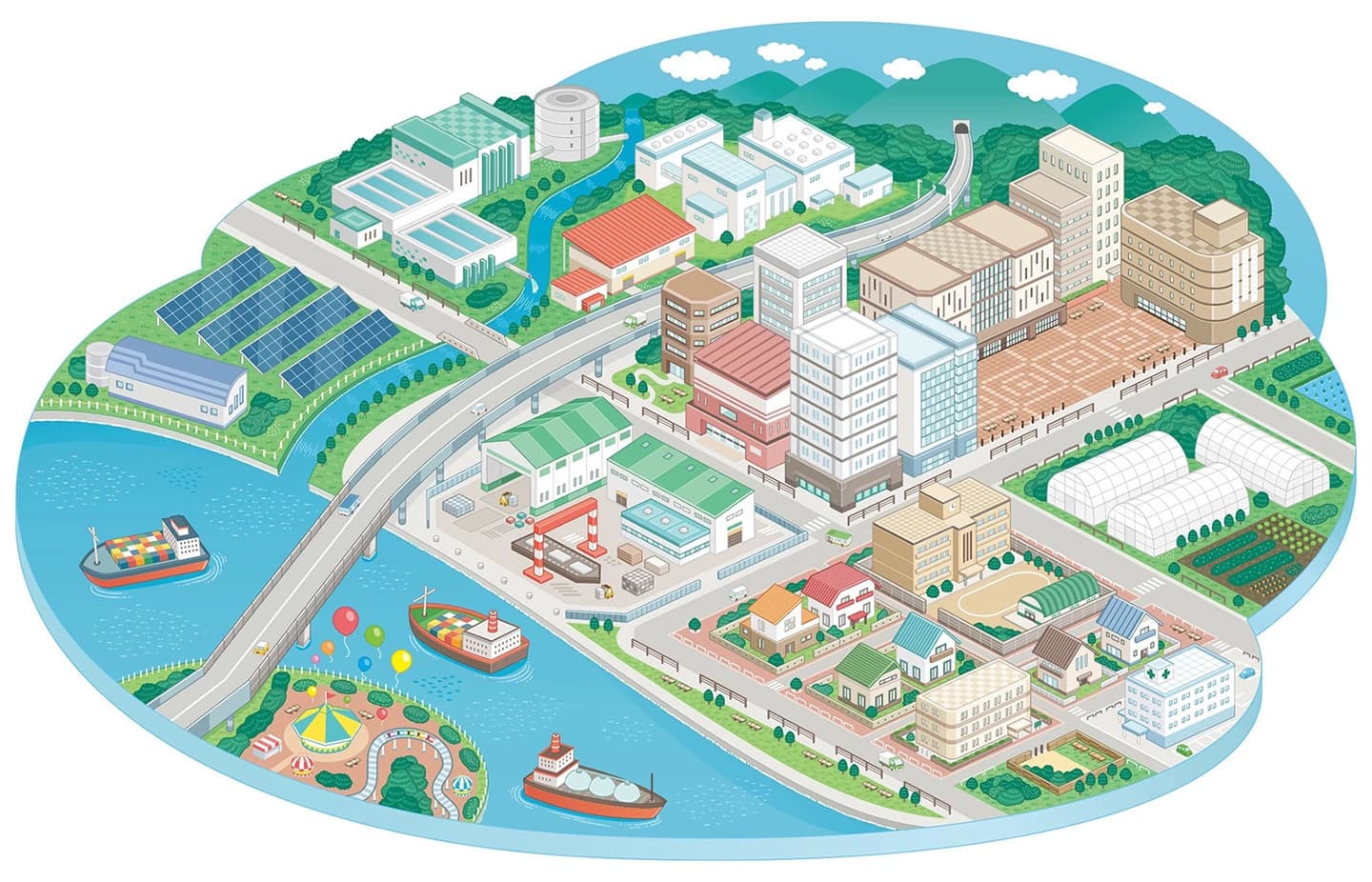 街並み｜俯瞰図・鳥瞰図・アイソメトリックイラスト｜Webサイトに掲載する街並み俯瞰イラスト。都市部や住宅街、施設や遊園地などをエリアに分け、ひとつの街で表現しています