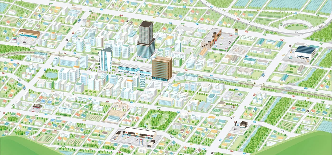 街並み｜俯瞰図・鳥瞰図・アイソメトリックイラスト｜企業 Webサイト　街並み俯瞰図・アイソメトリックイラスト制作