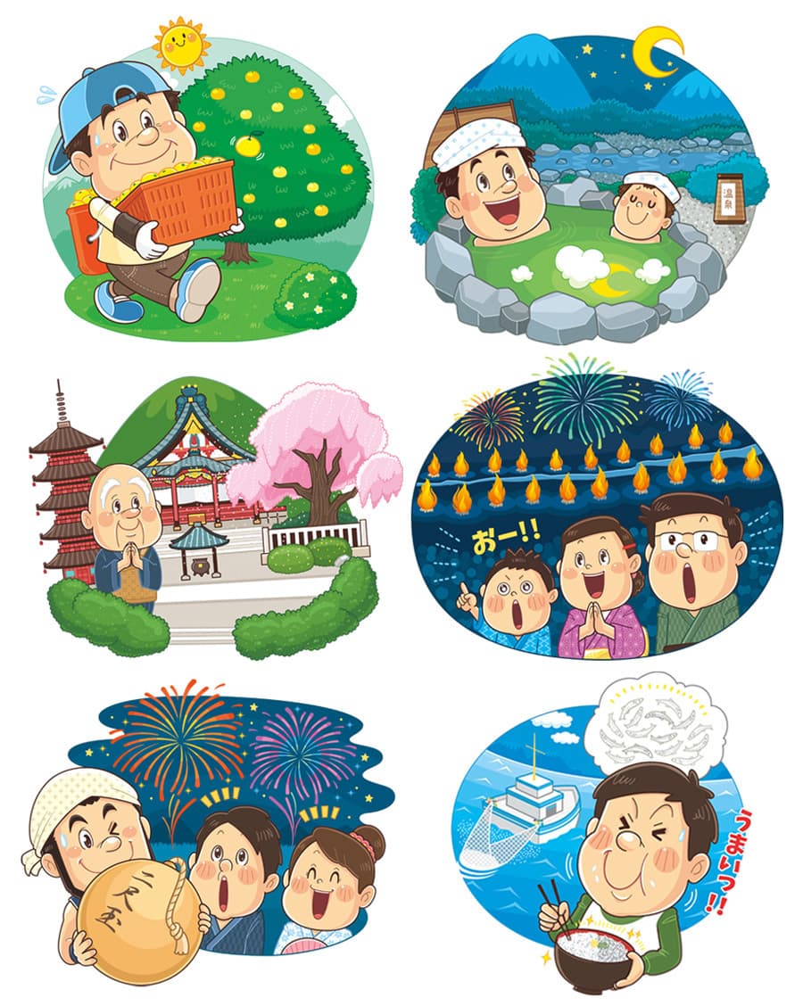 コミカルイラスト｜JR身延線沿線にある名所や特産品などをご紹介したポスターイラスト制作