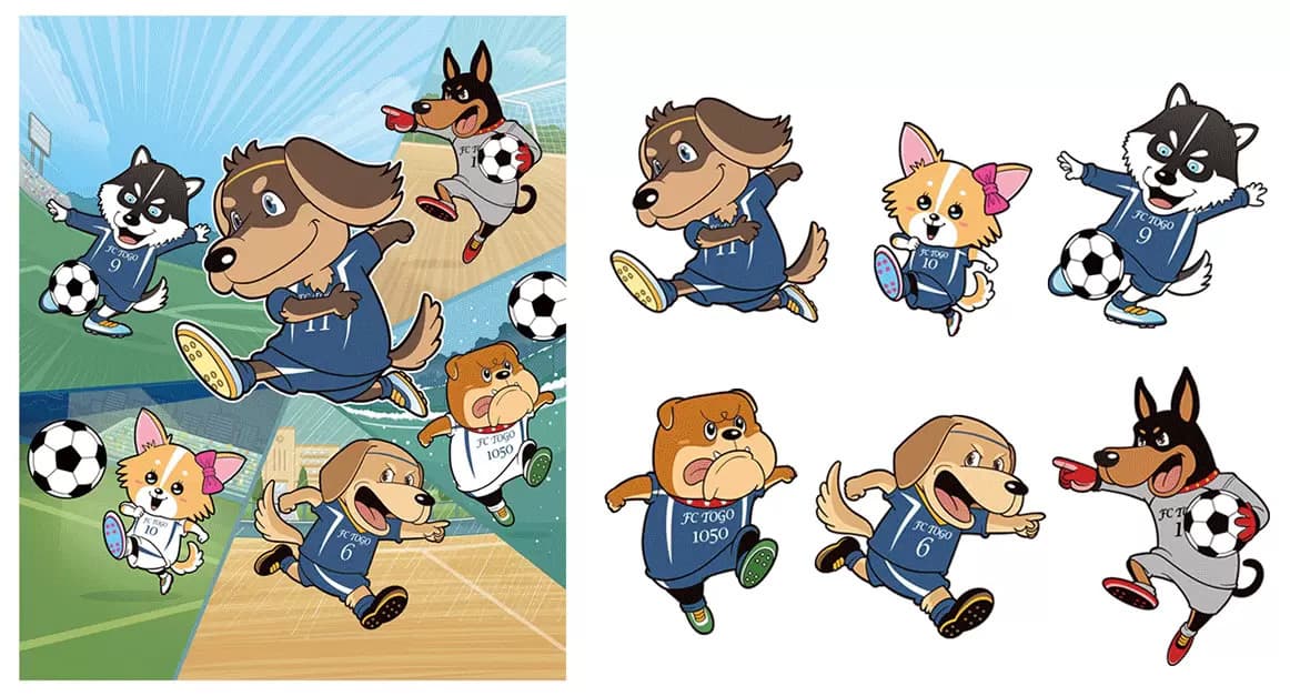 コミカルイラスト｜キャラクターデザイン｜サッカーチーム「FC東郷」のキャラクターデザインを担当させて頂きました。チーム会報誌、ポスターやフラッグ、横断幕などで彼らが活躍しています。 