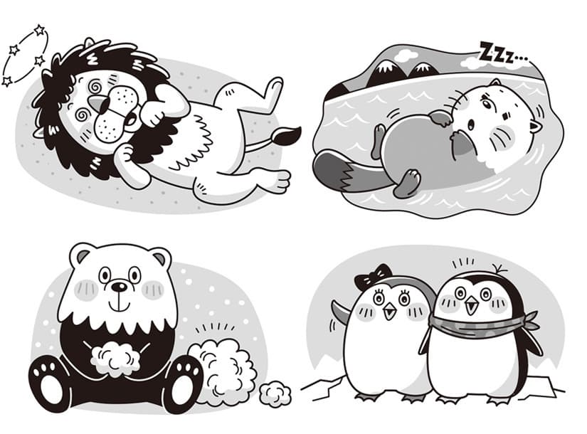 子ども向けコミカルイラスト｜児童書・学習教材｜「せつなくて残念な動物 アロークロス」進化の過程で残念な習性を身につけてしまった動物を コミカルにデフォルメしたかわいいイラストで描いています。 