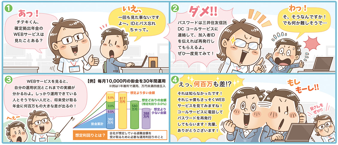労働組合の確定拠出年金サービスについて｜社内報の漫画制作｜イラストレーターいわたまさよし